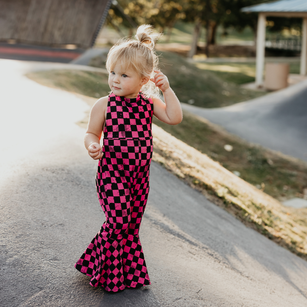 Pit Stop Pink Checkered Bell Bottom Jumpsuit