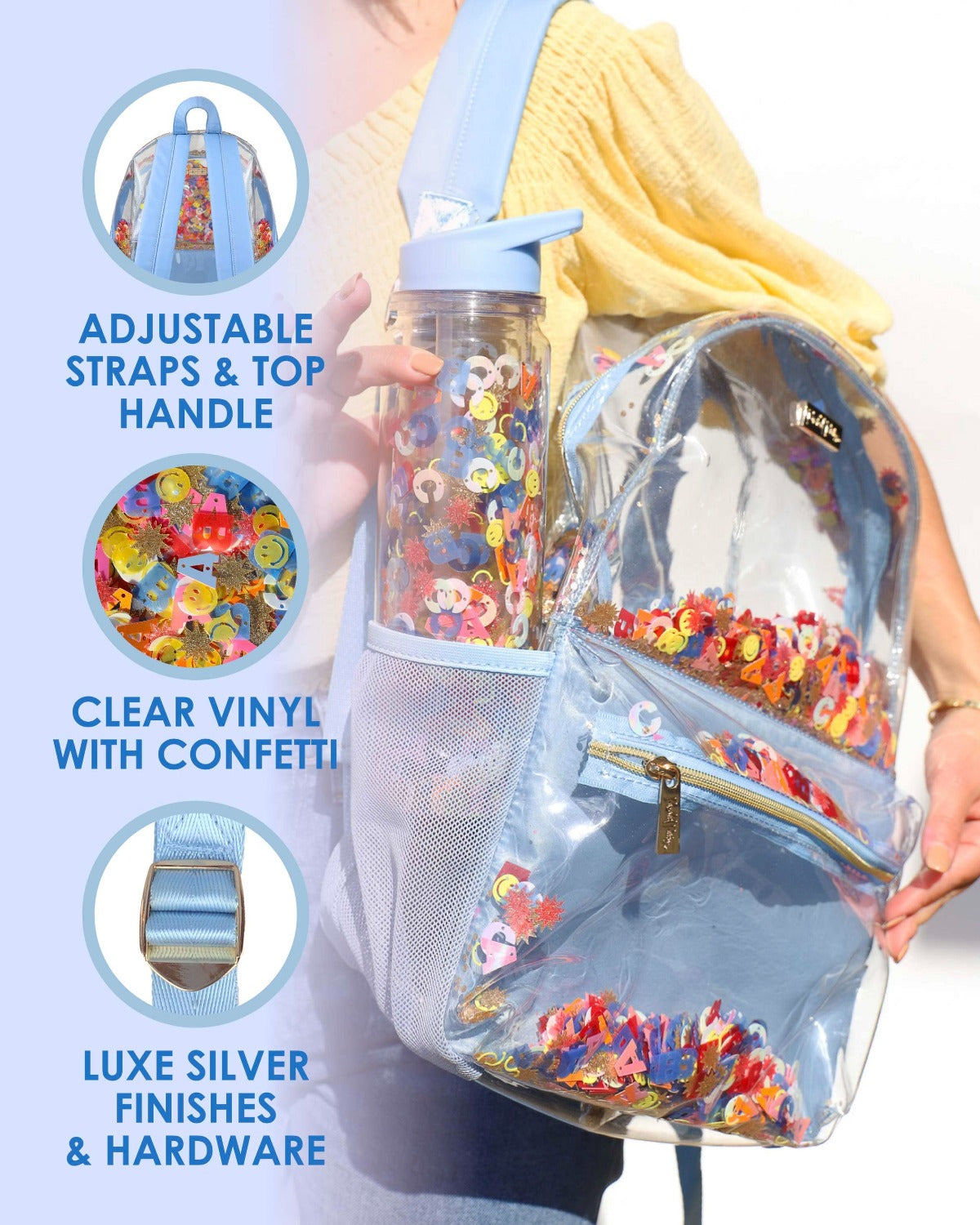 Little Letters Blue Confetti Clear Backpack