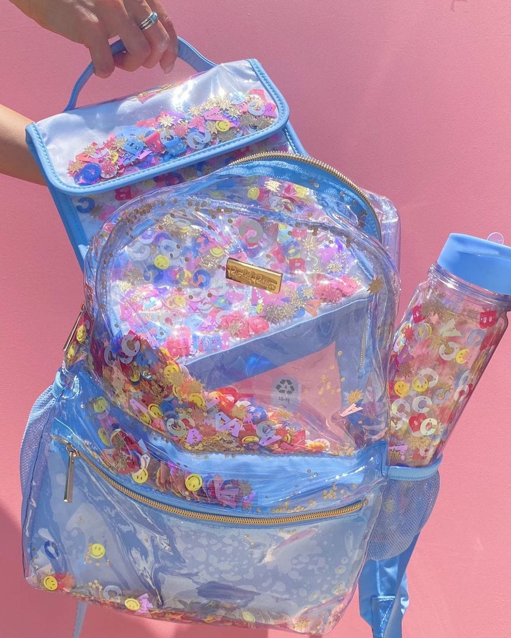 Little Letters Blue Confetti Clear Backpack